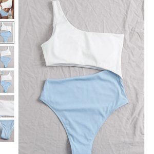 SHEIN blue and white Cutout One Shoulder One Piece